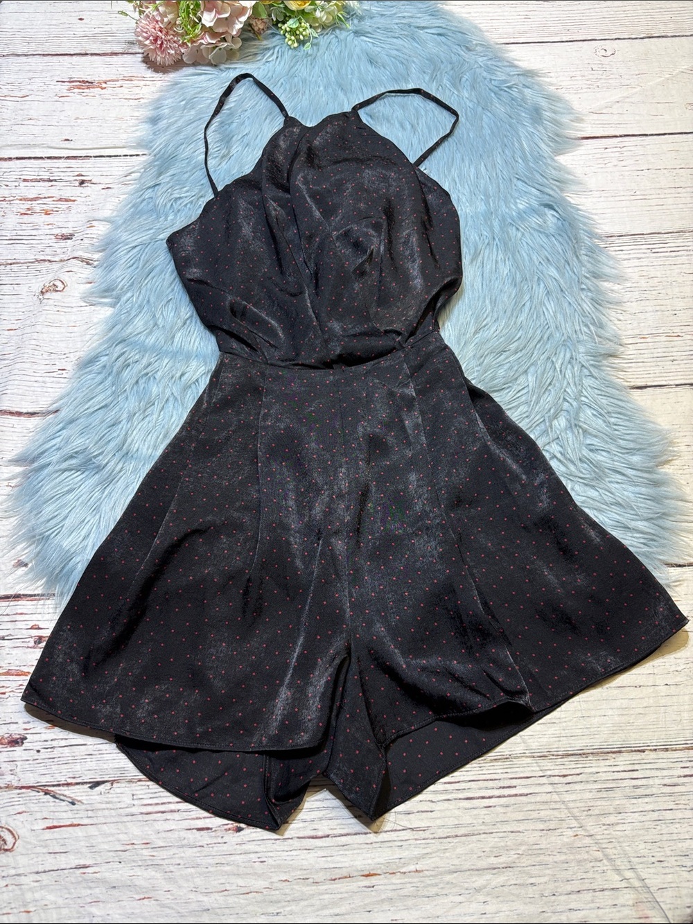 Zara Black Red Polka Dot Satin Romper with Open Tie Back sz XS